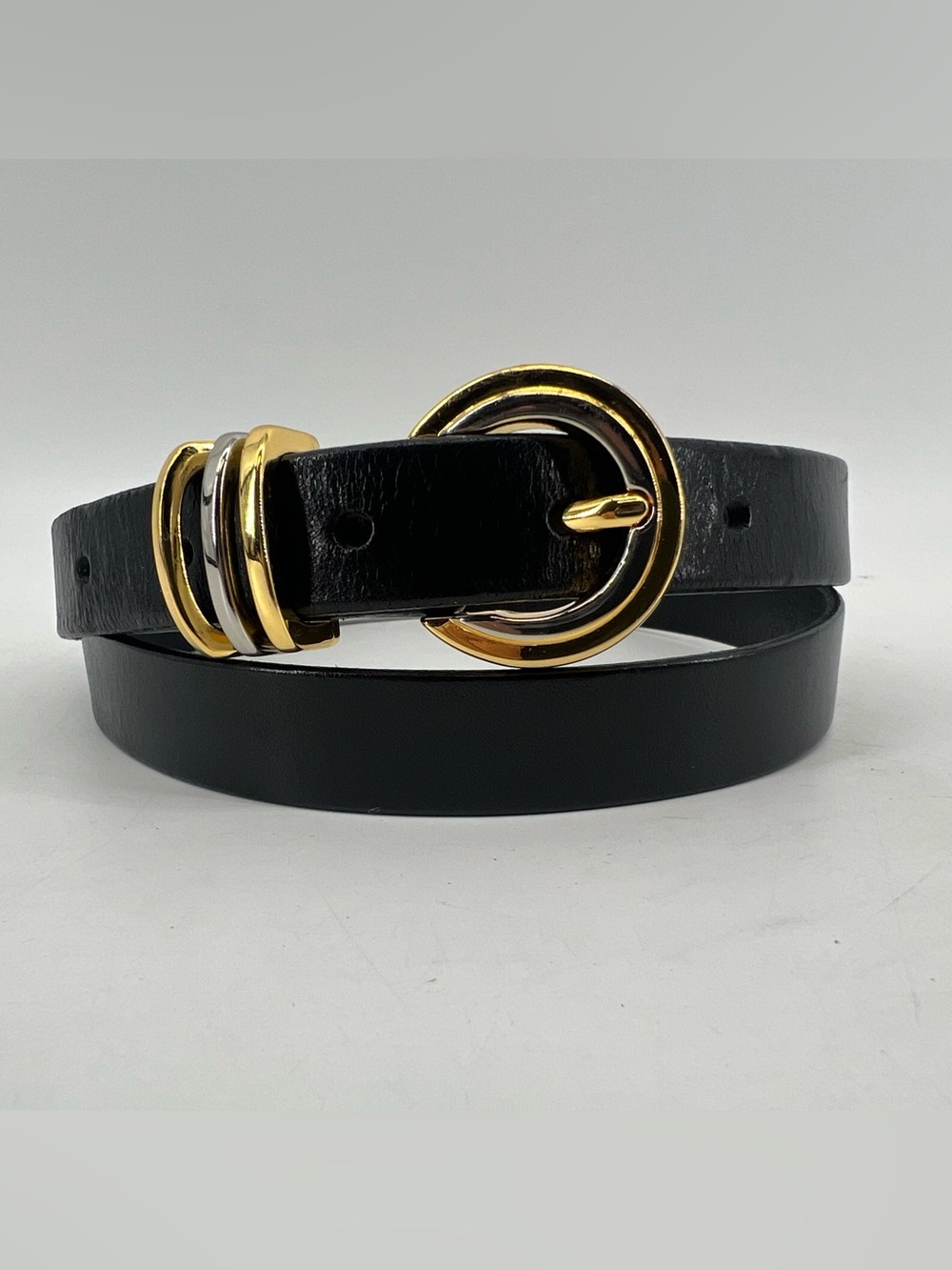 Mixed Metal Genuine Black Leather Skinny Belt Small Sophisticated Office Attire